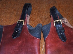 New leather stirrup straps and buckles handstitched onto gaiters and half chaps